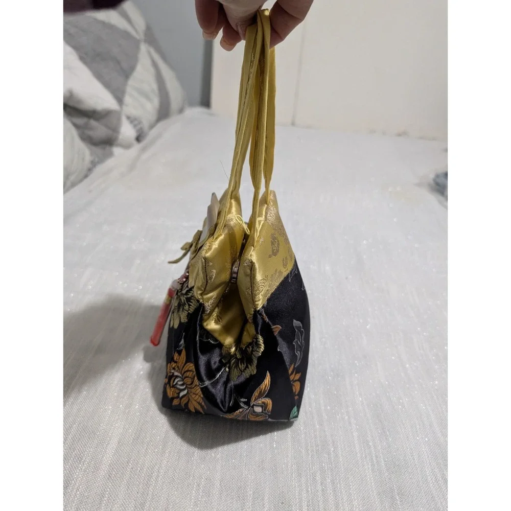 Asian Silk‎ Brocade Handbag Gold Black Floral Tassel Hanbok Inspired Gift Purse